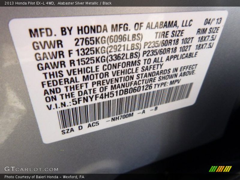 Alabaster Silver Metallic / Black 2013 Honda Pilot EX-L 4WD