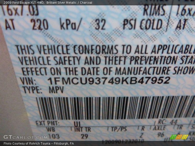 Brilliant Silver Metallic / Charcoal 2009 Ford Escape XLT 4WD