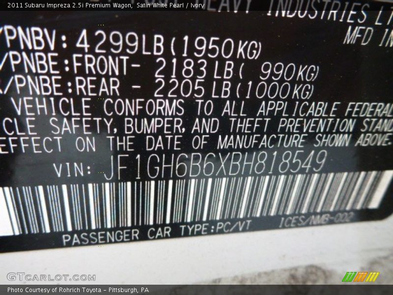Satin White Pearl / Ivory 2011 Subaru Impreza 2.5i Premium Wagon