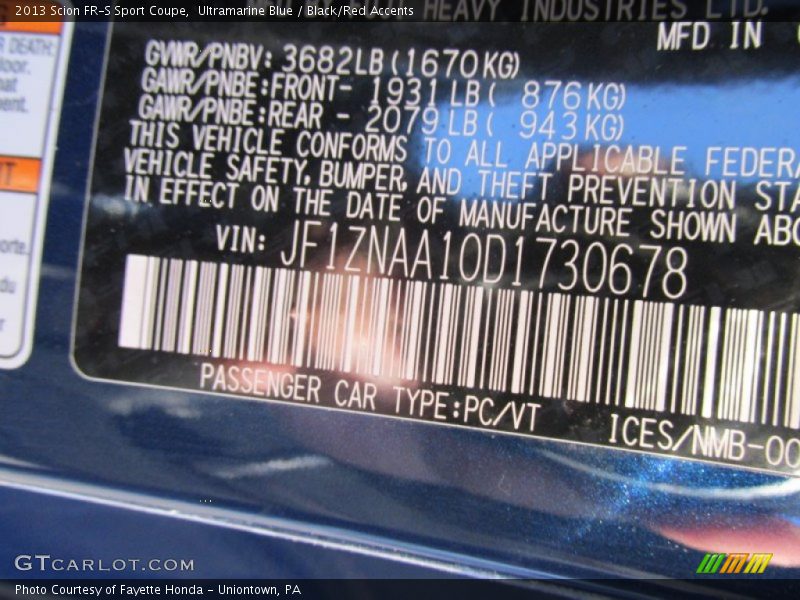 Ultramarine Blue / Black/Red Accents 2013 Scion FR-S Sport Coupe