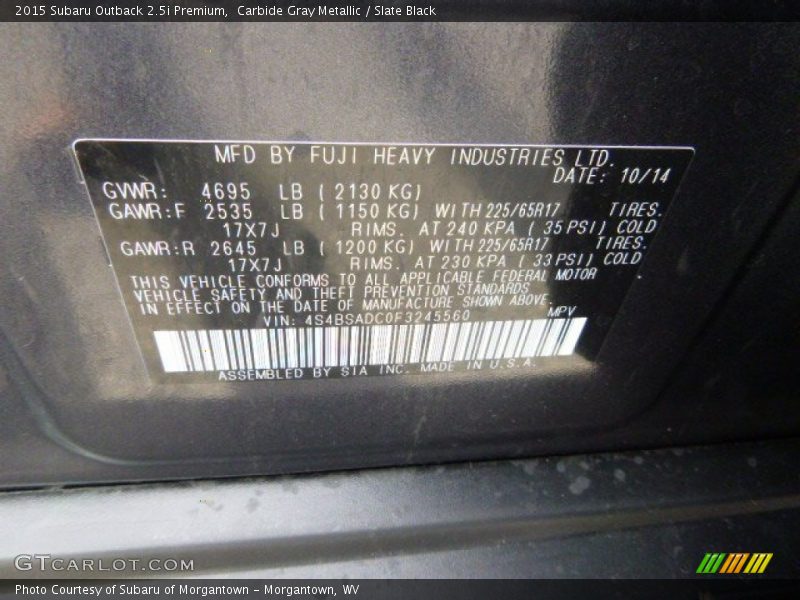 Carbide Gray Metallic / Slate Black 2015 Subaru Outback 2.5i Premium