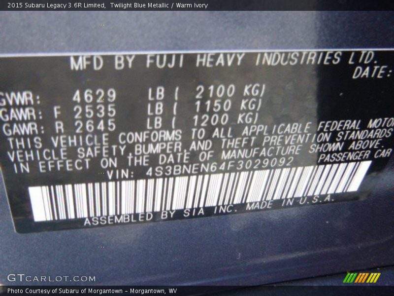 Twilight Blue Metallic / Warm Ivory 2015 Subaru Legacy 3.6R Limited