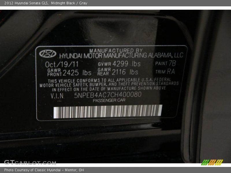 Midnight Black / Gray 2012 Hyundai Sonata GLS