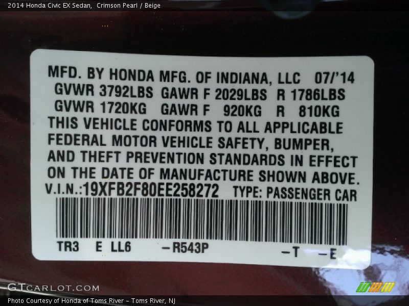 Crimson Pearl / Beige 2014 Honda Civic EX Sedan