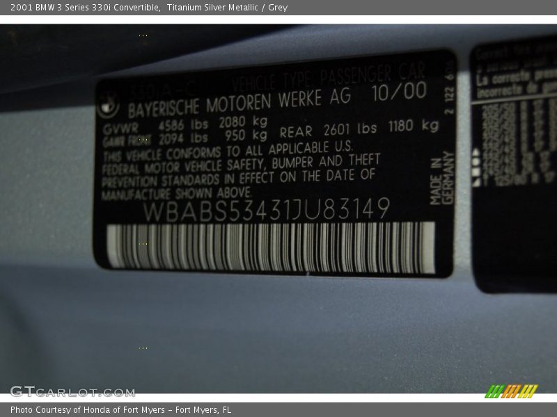Titanium Silver Metallic / Grey 2001 BMW 3 Series 330i Convertible