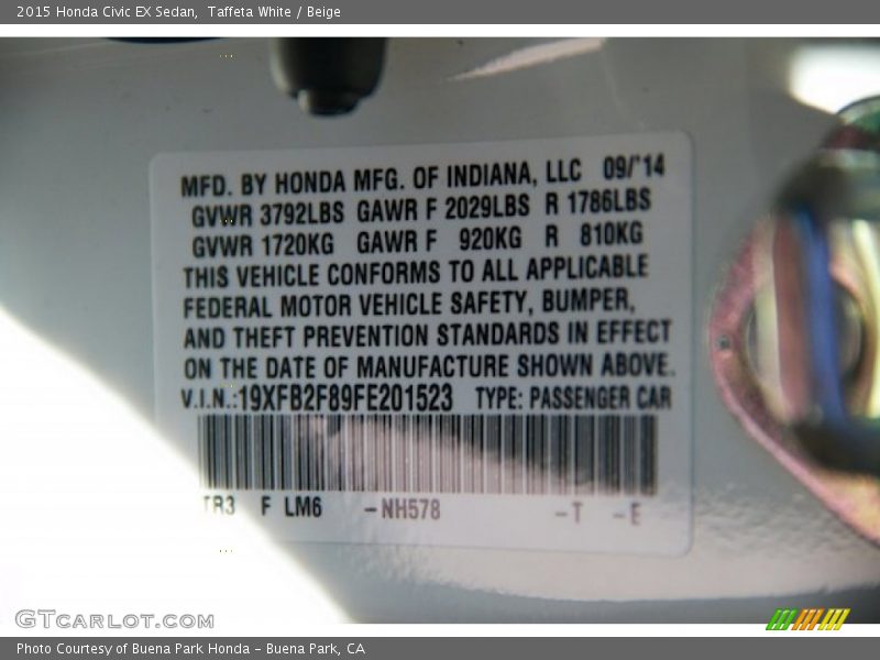 Taffeta White / Beige 2015 Honda Civic EX Sedan