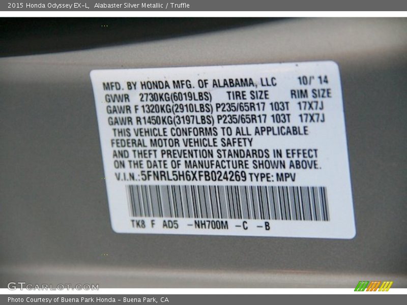 Alabaster Silver Metallic / Truffle 2015 Honda Odyssey EX-L