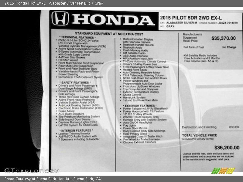  2015 Pilot EX-L Window Sticker