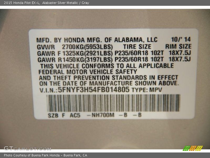 Alabaster Silver Metallic / Gray 2015 Honda Pilot EX-L