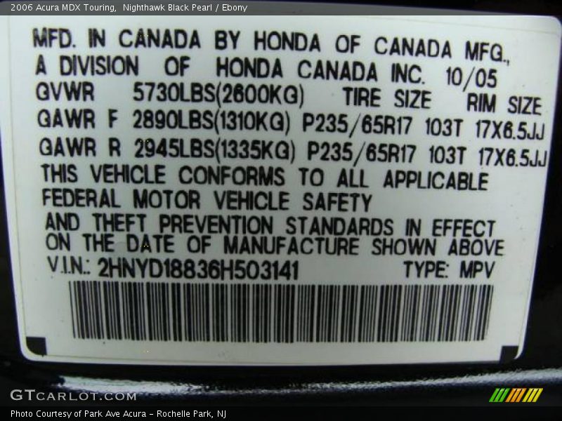 Nighthawk Black Pearl / Ebony 2006 Acura MDX Touring