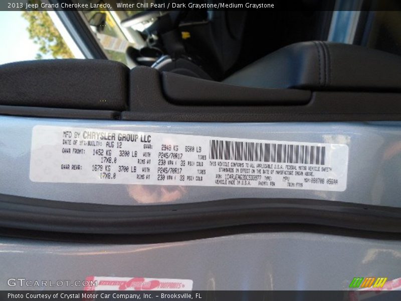 Winter Chill Pearl / Dark Graystone/Medium Graystone 2013 Jeep Grand Cherokee Laredo