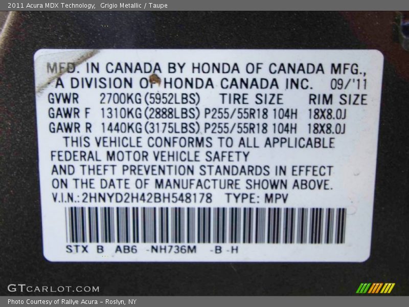 Grigio Metallic / Taupe 2011 Acura MDX Technology
