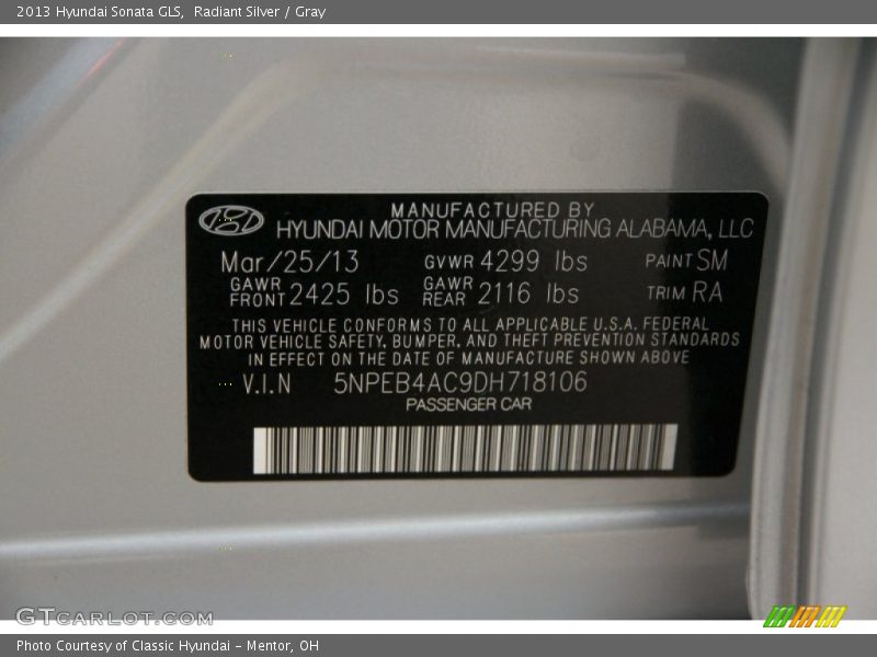 Radiant Silver / Gray 2013 Hyundai Sonata GLS