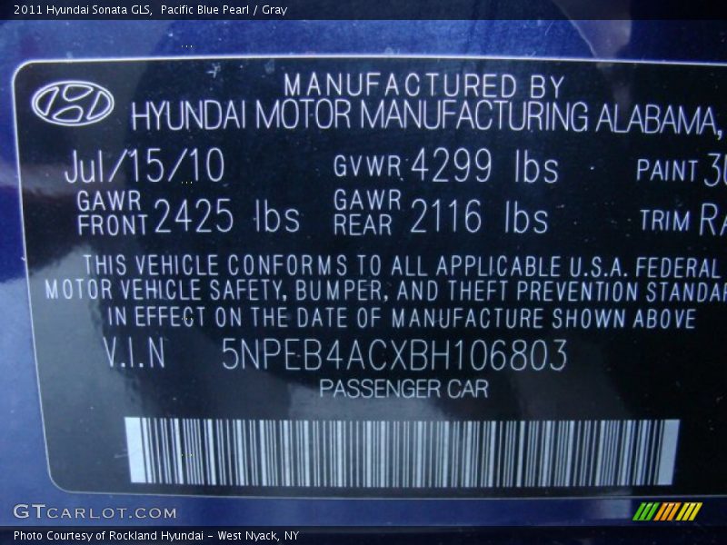 Pacific Blue Pearl / Gray 2011 Hyundai Sonata GLS