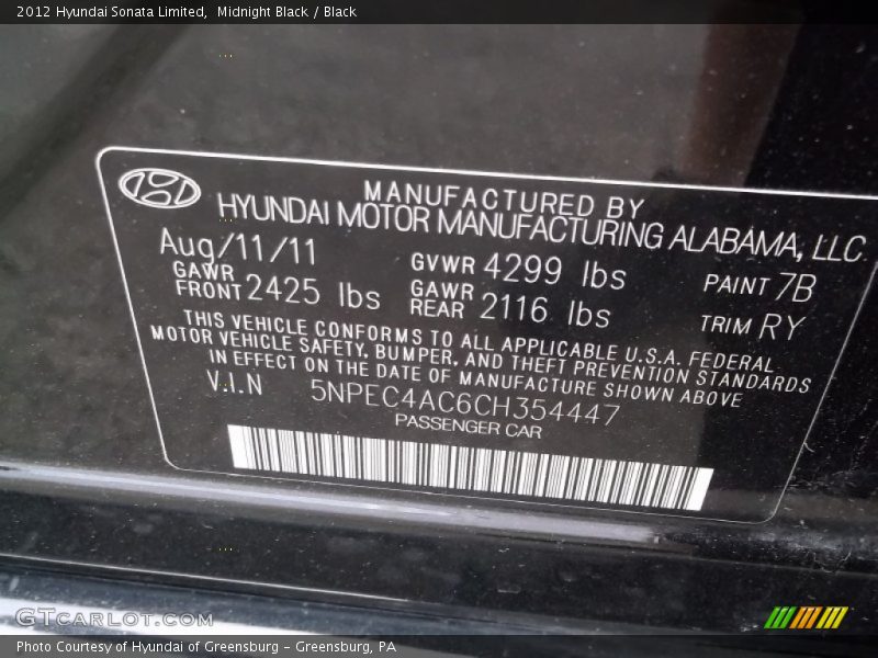 Midnight Black / Black 2012 Hyundai Sonata Limited