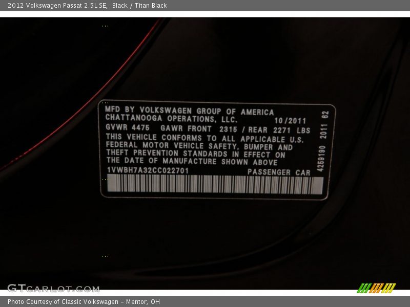 Black / Titan Black 2012 Volkswagen Passat 2.5L SE