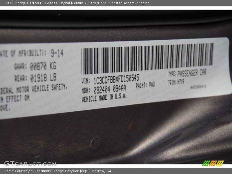 Granite Crystal Metallic / Black/Light Tungsten Accent Stitching 2015 Dodge Dart SXT