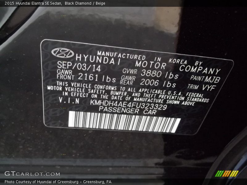 Black Diamond / Beige 2015 Hyundai Elantra SE Sedan