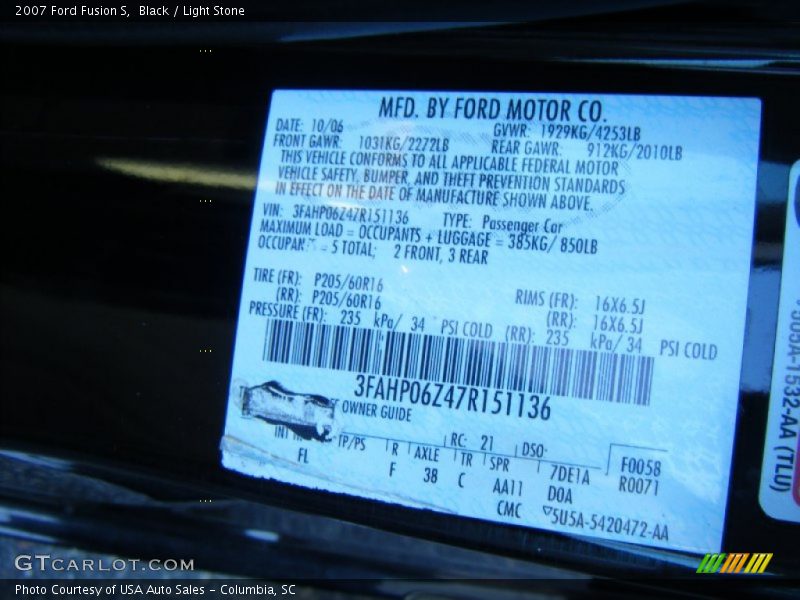 Black / Light Stone 2007 Ford Fusion S