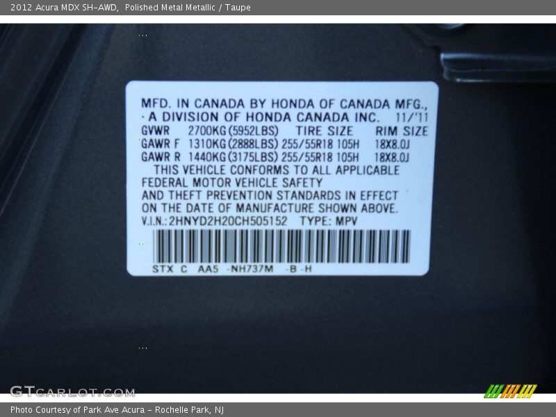 Polished Metal Metallic / Taupe 2012 Acura MDX SH-AWD