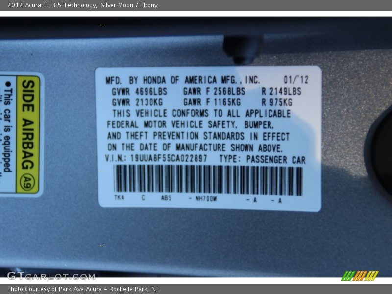 Silver Moon / Ebony 2012 Acura TL 3.5 Technology