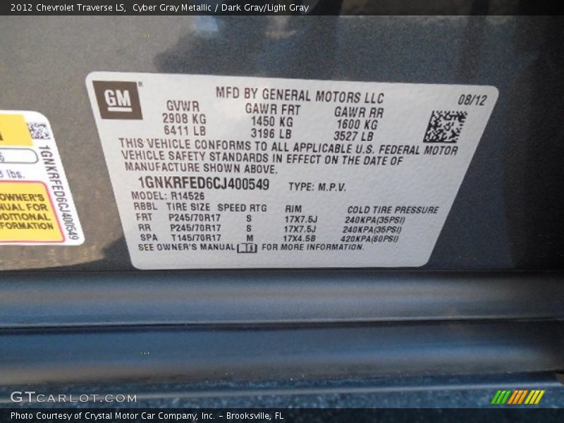 Cyber Gray Metallic / Dark Gray/Light Gray 2012 Chevrolet Traverse LS