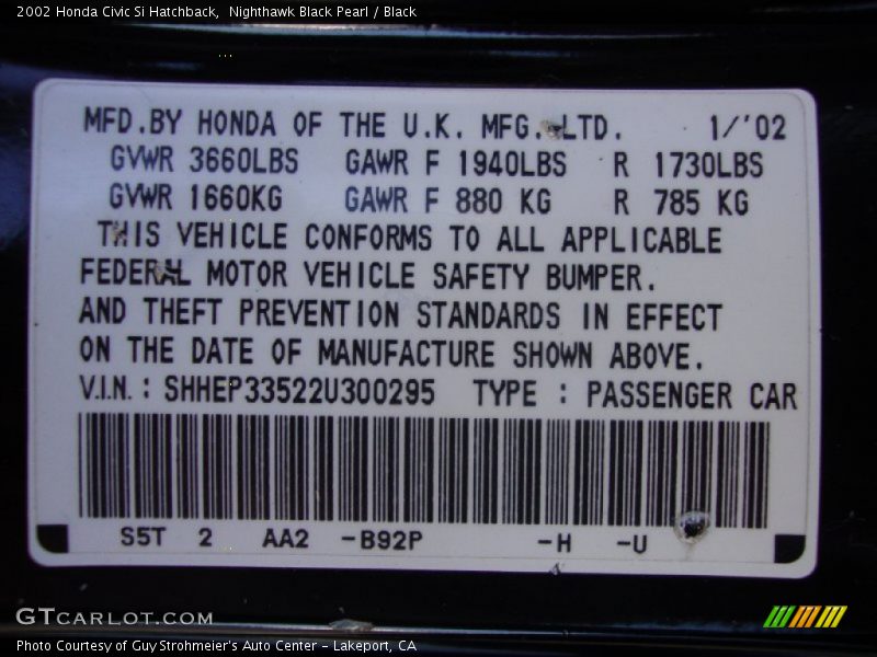 Nighthawk Black Pearl / Black 2002 Honda Civic Si Hatchback