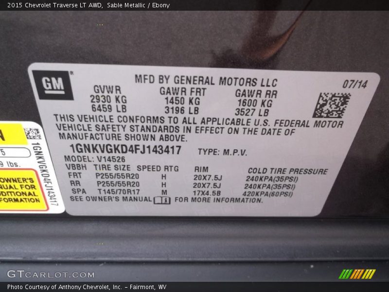 Sable Metallic / Ebony 2015 Chevrolet Traverse LT AWD