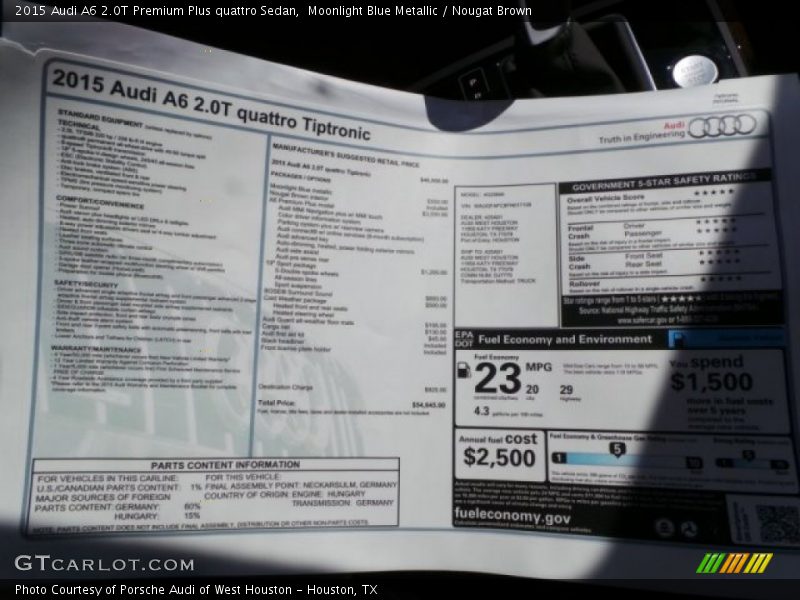 Moonlight Blue Metallic / Nougat Brown 2015 Audi A6 2.0T Premium Plus quattro Sedan