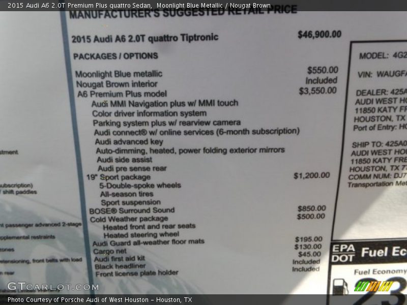 Moonlight Blue Metallic / Nougat Brown 2015 Audi A6 2.0T Premium Plus quattro Sedan