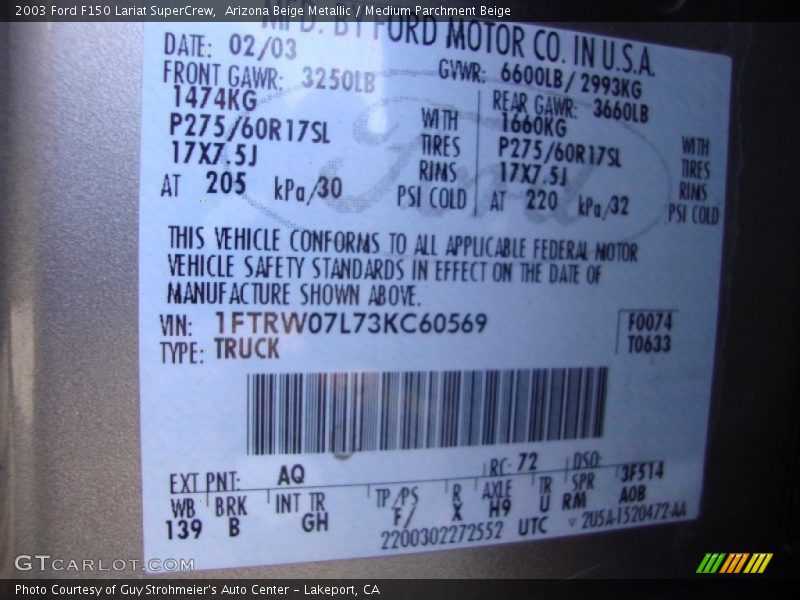 Arizona Beige Metallic / Medium Parchment Beige 2003 Ford F150 Lariat SuperCrew