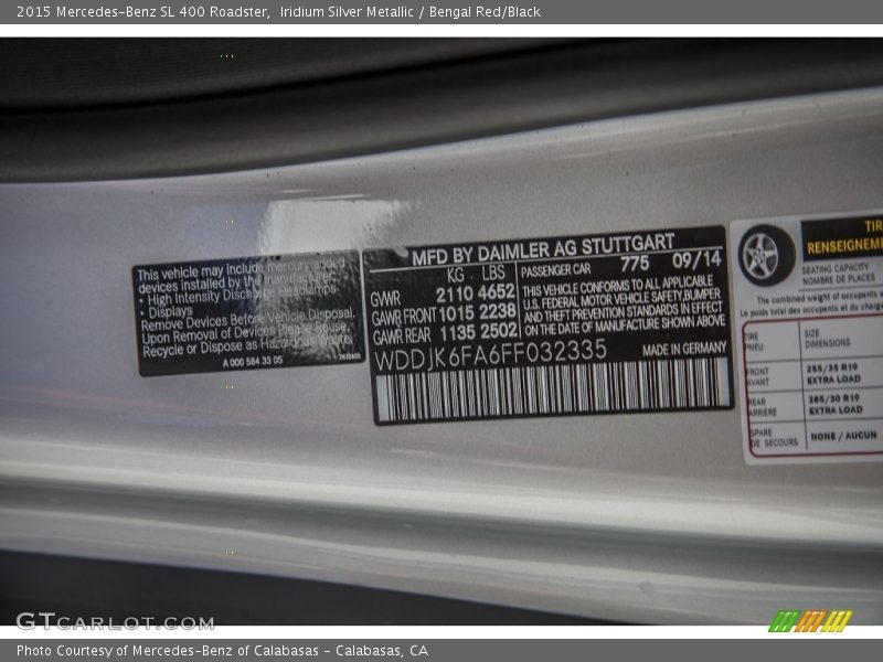 Iridium Silver Metallic / Bengal Red/Black 2015 Mercedes-Benz SL 400 Roadster