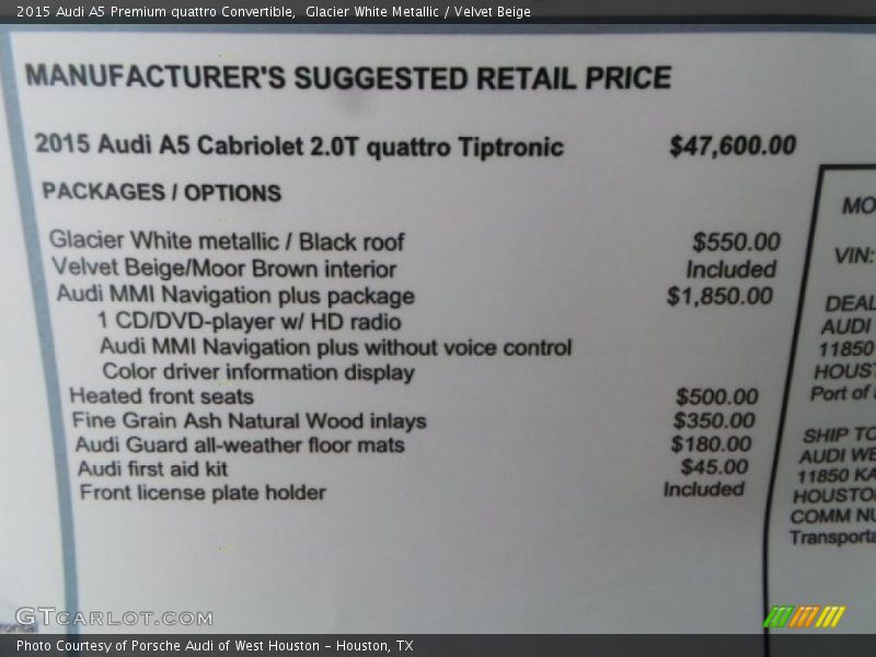 Glacier White Metallic / Velvet Beige 2015 Audi A5 Premium quattro Convertible