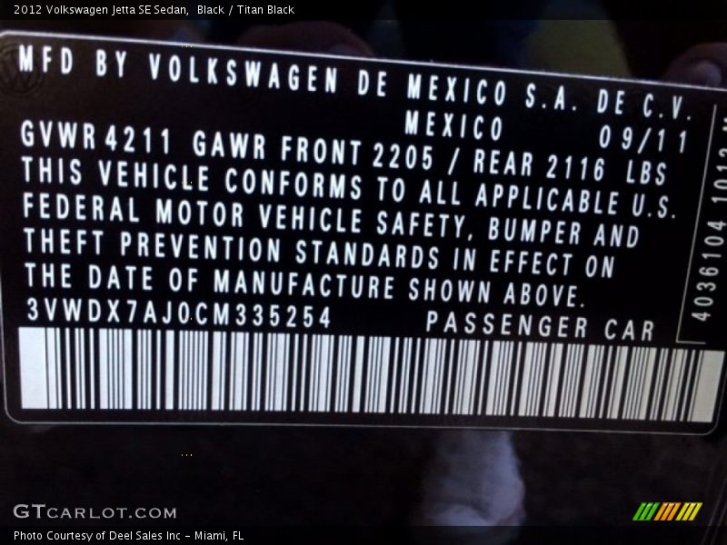 Black / Titan Black 2012 Volkswagen Jetta SE Sedan