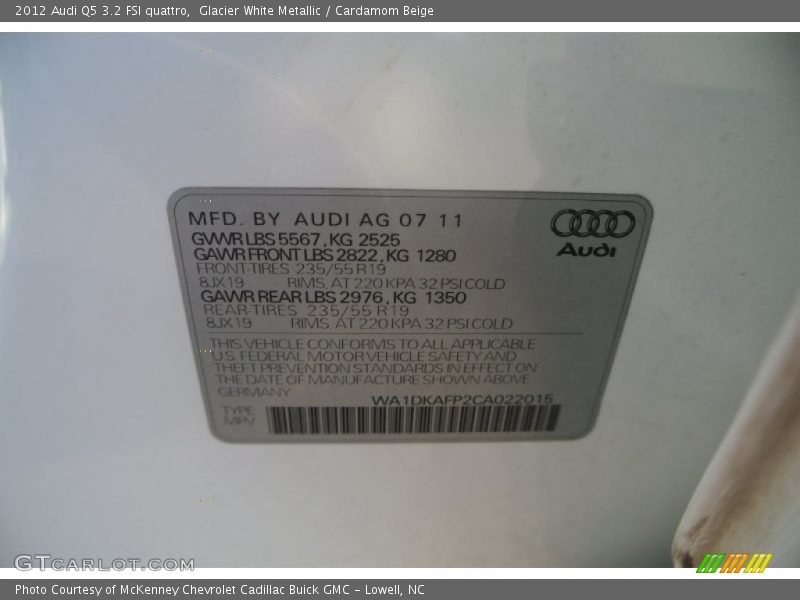 Glacier White Metallic / Cardamom Beige 2012 Audi Q5 3.2 FSI quattro