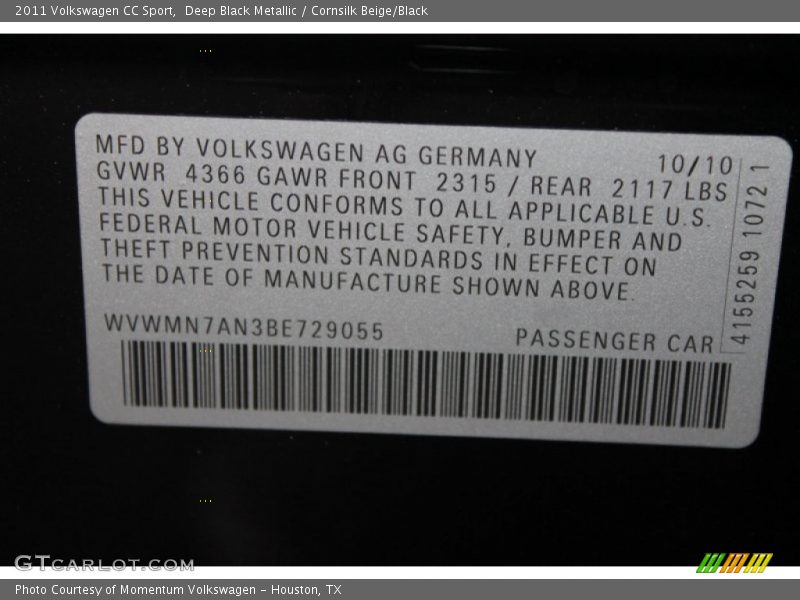 Deep Black Metallic / Cornsilk Beige/Black 2011 Volkswagen CC Sport