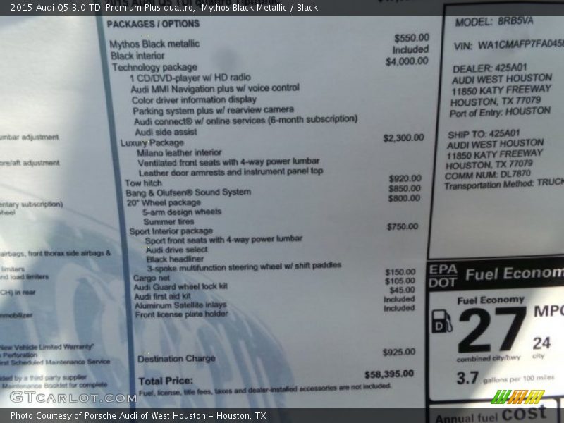  2015 Q5 3.0 TDI Premium Plus quattro Window Sticker