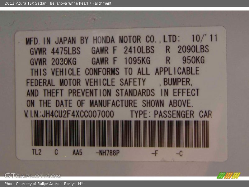 Bellanova White Pearl / Parchment 2012 Acura TSX Sedan
