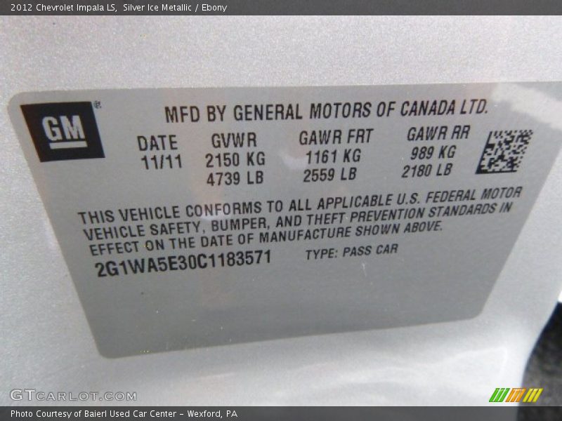 Silver Ice Metallic / Ebony 2012 Chevrolet Impala LS
