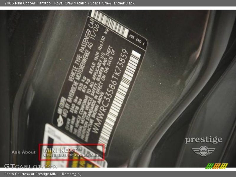 Royal Grey Metallic / Space Gray/Panther Black 2006 Mini Cooper Hardtop