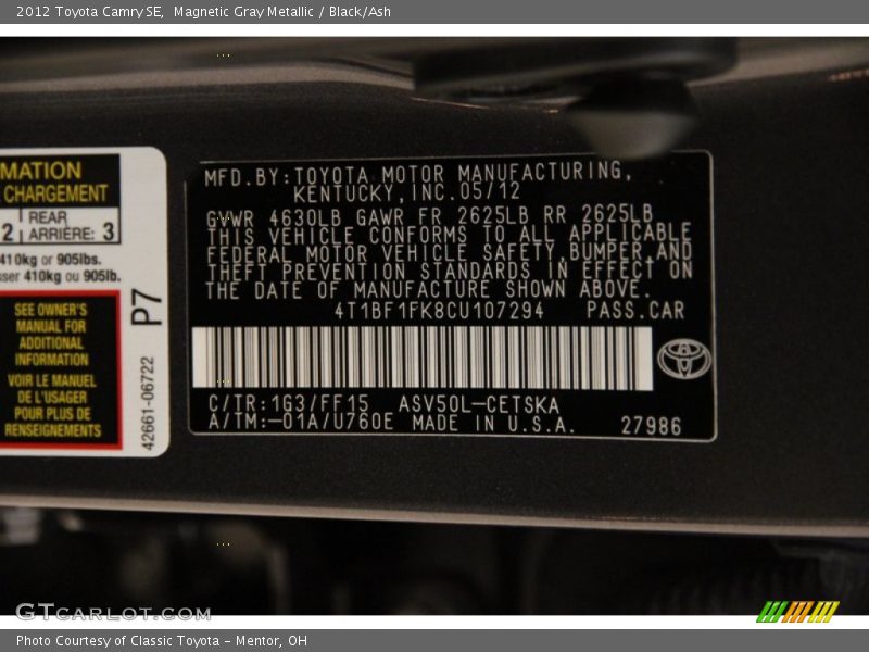 Magnetic Gray Metallic / Black/Ash 2012 Toyota Camry SE