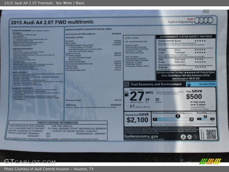 Ibis White / Black 2015 Audi A4 2.0T Premium