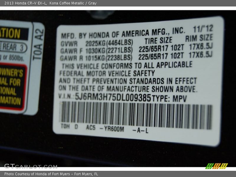 Kona Coffee Metallic / Gray 2013 Honda CR-V EX-L
