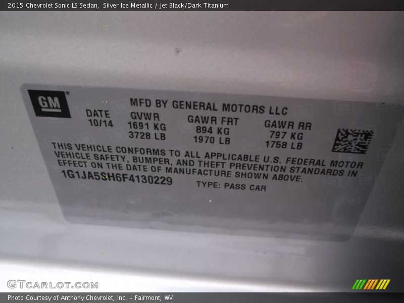 Silver Ice Metallic / Jet Black/Dark Titanium 2015 Chevrolet Sonic LS Sedan