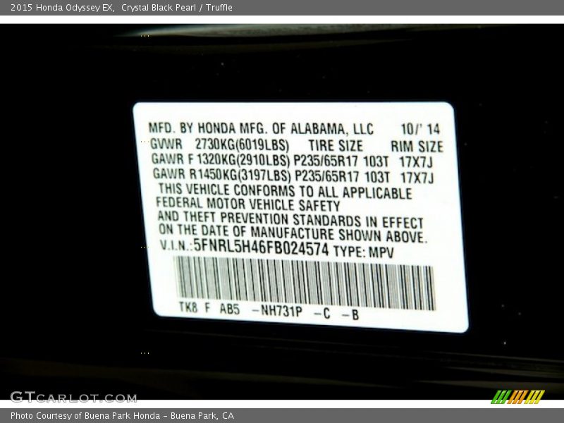 Crystal Black Pearl / Truffle 2015 Honda Odyssey EX