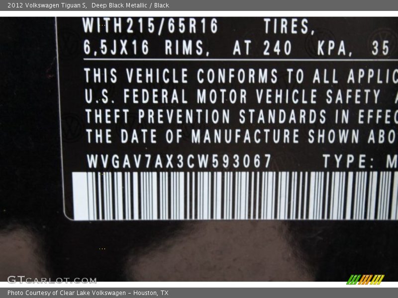 Deep Black Metallic / Black 2012 Volkswagen Tiguan S