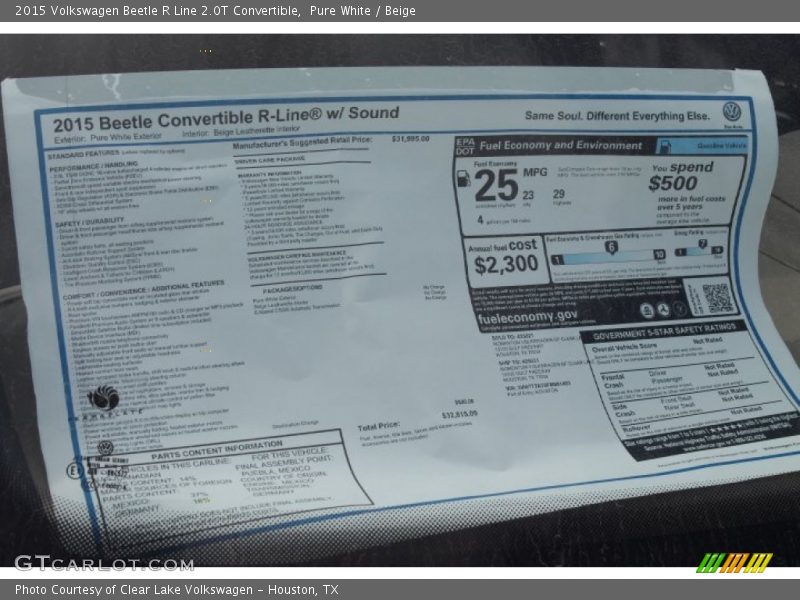 Pure White / Beige 2015 Volkswagen Beetle R Line 2.0T Convertible