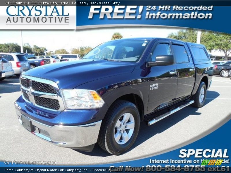 True Blue Pearl / Black/Diesel Gray 2013 Ram 1500 SLT Crew Cab