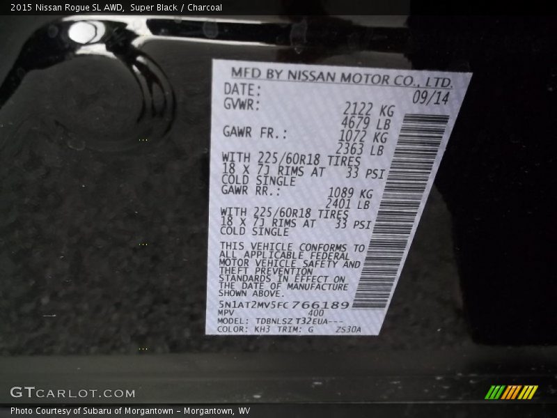 2015 Rogue SL AWD Super Black Color Code KH3