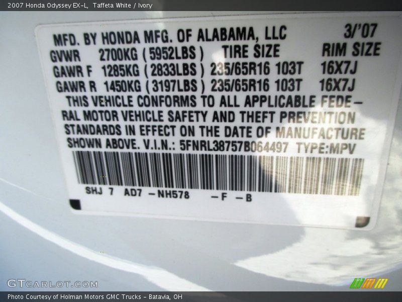 Taffeta White / Ivory 2007 Honda Odyssey EX-L